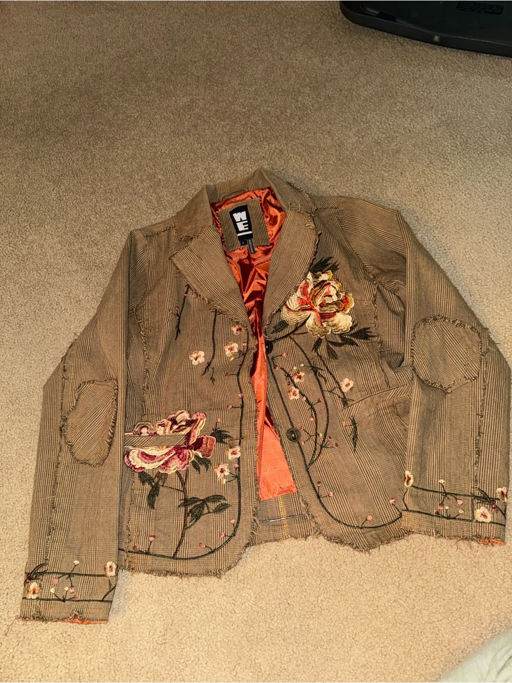 WE embroidered Embellished Floral Corduroy Blazer Jacket - Brown